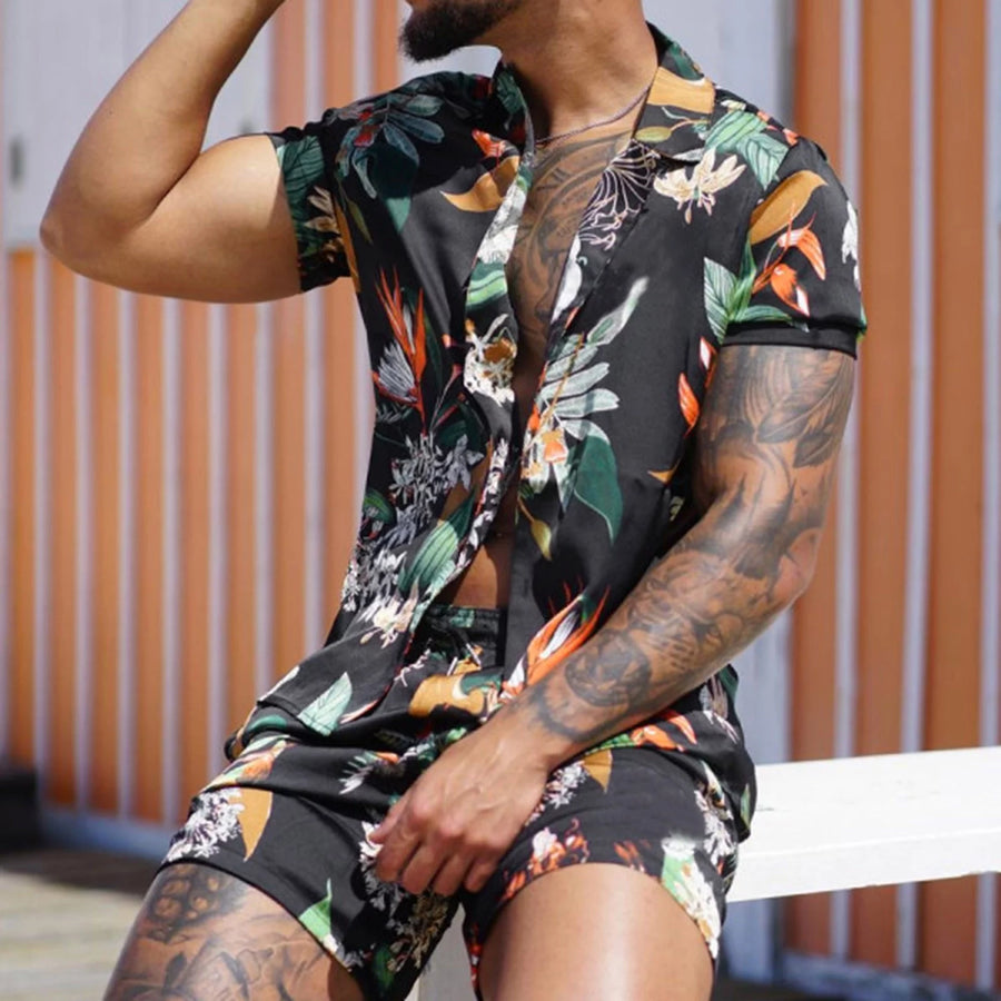 Men's Casual Sport Sets Regular Fit Tropical Print Button down Short Sleeve Cuban Collar Top Blouse and Shorts Fashion Summer Breathable Two Piece Suits Black XXL