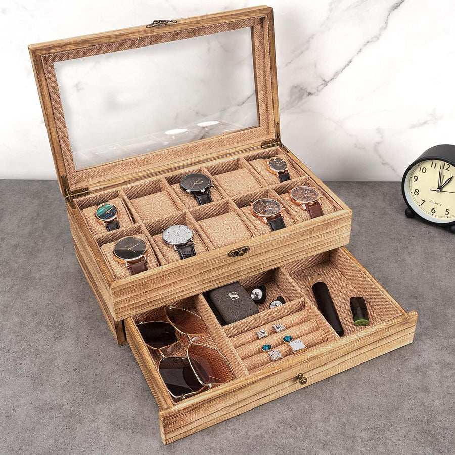 Watch Box - 10 Slot Watch Case for Men Women, Wooden Watch Holder Organizer Display for Mens