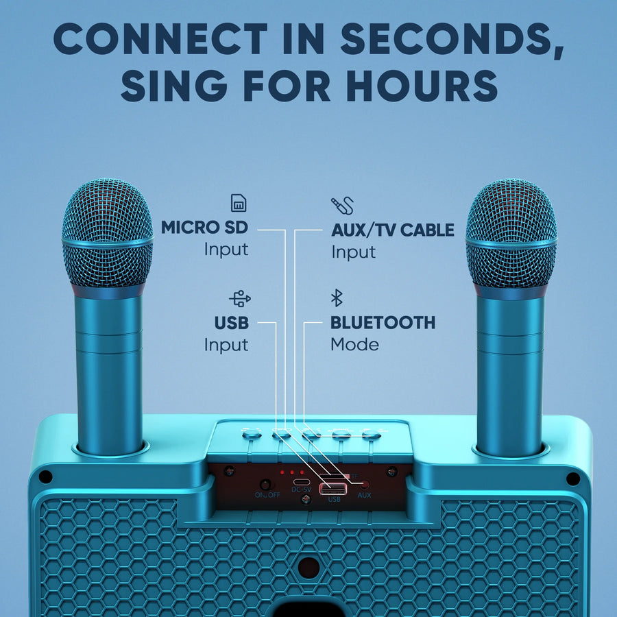 Karaoke Machine for Adults and Kids with 2 Wireless Microphones, Portable Bluetooth Singing Speaker, Colorful LED Lights, PA System, Lyrics Display Holder & TV Cable - Presto G2 (Turquoise)