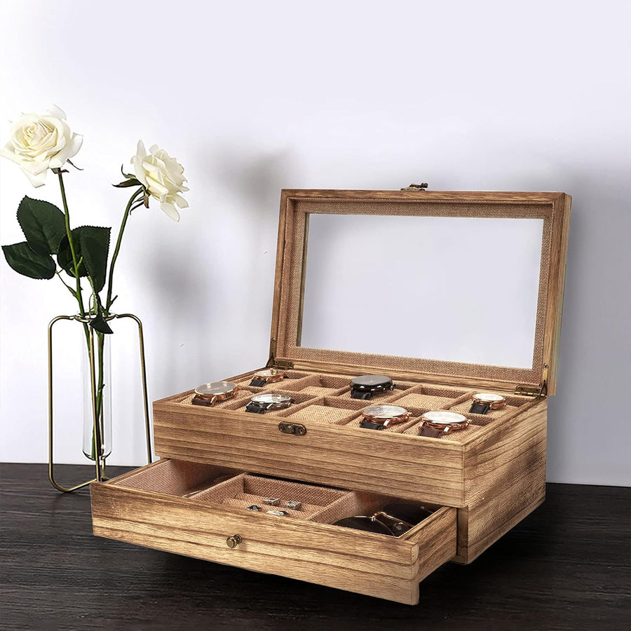 Watch Box - 10 Slot Watch Case for Men Women, Wooden Watch Holder Organizer Display for Mens