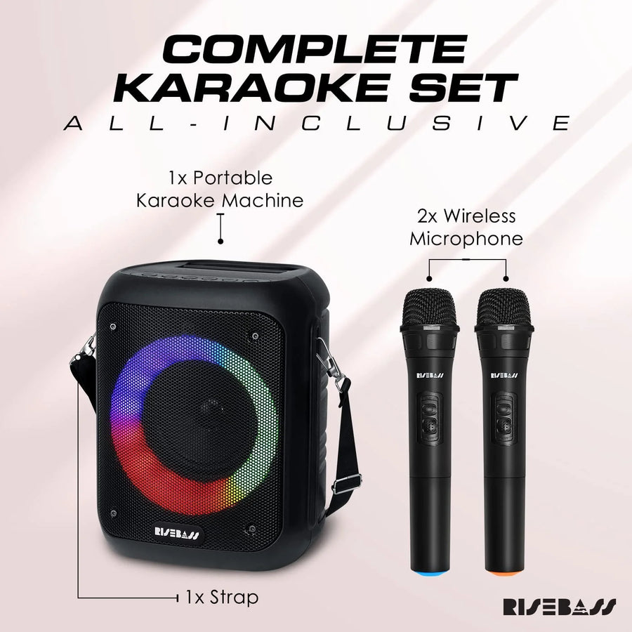 Portable Karaoke Machine with 2 Wireless Microphones - Bluetooth Rechargeable Speaker