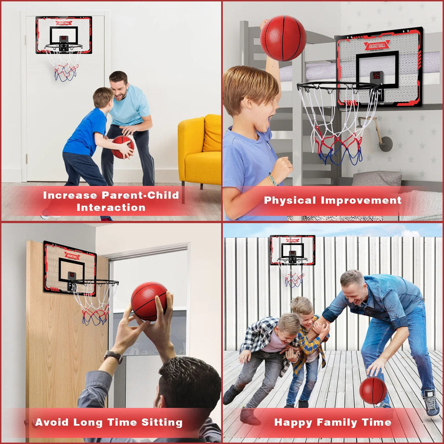 Basketball Hoop Indoor, LED Light Mini Basketball Hoops with 2 Balls & Electronic Scoreboard, over the Door Basketball Hoop