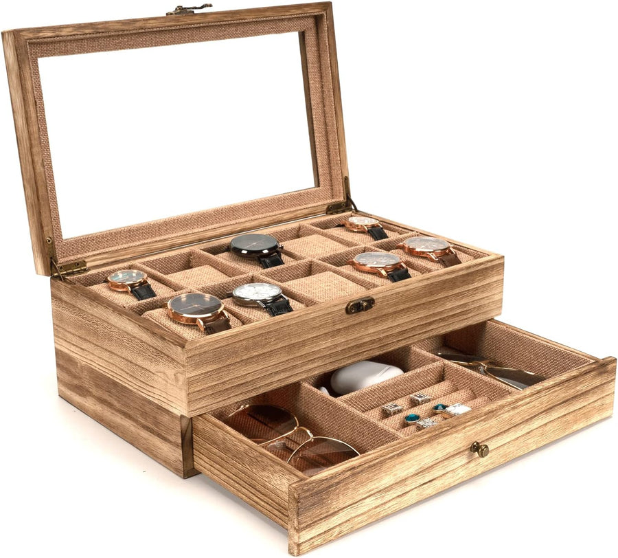 Watch Box - 10 Slot Watch Case for Men Women, Wooden Watch Holder Organizer Display for Mens