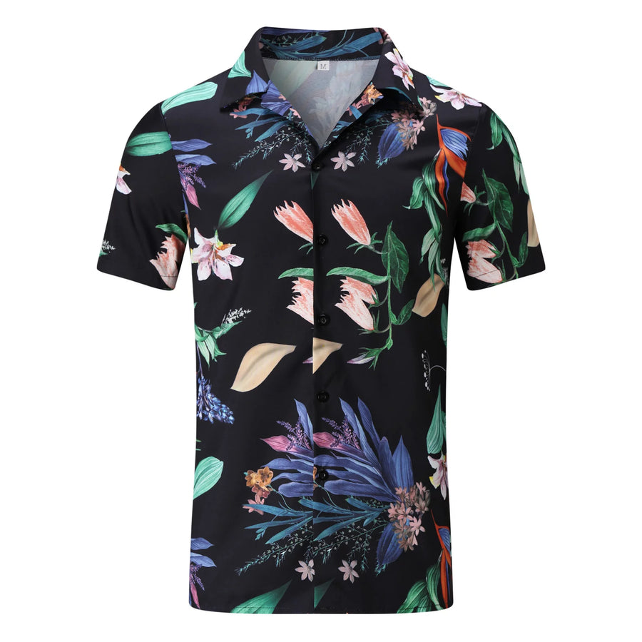 Men's Casual Sport Sets Regular Fit Tropical Print Button down Short Sleeve Cuban Collar Top Blouse and Shorts Fashion Summer Breathable Two Piece Suits Black XXL