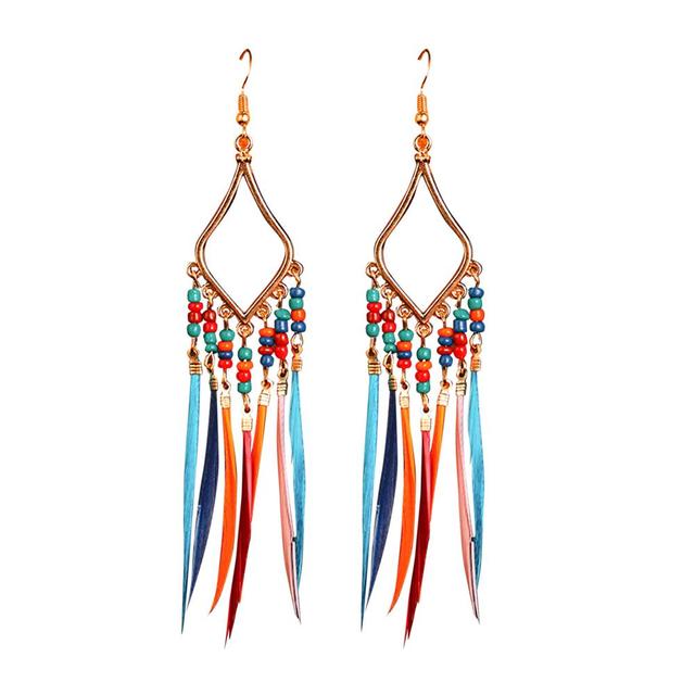 Tassels feather earrings Bohemian feather earrings Fringe feather earrings Statement feather earrings Boho chic earrings Long feather earrings Dangle tassel earrings Trendy feather earrings Fashionable tassel earrings Feather jewelry accessories