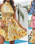 New Flowers Print Halterneck Dress Summer Fashion Temperament Lace-up Ruffled Dresses For Women