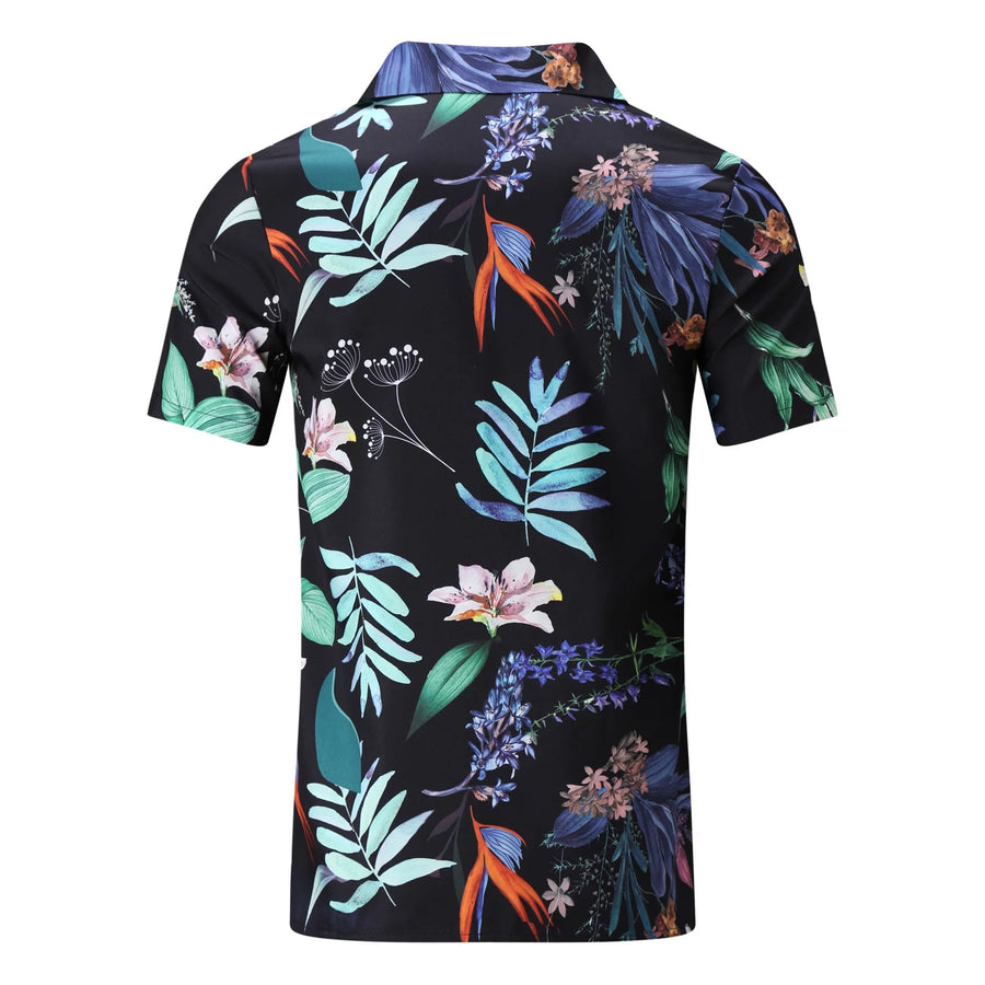 Men's Casual Sport Sets Regular Fit Tropical Print Button down Short Sleeve Cuban Collar Top Blouse and Shorts Fashion Summer Breathable Two Piece Suits Black XXL