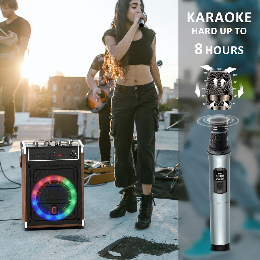 Portable Bluetooth karaoke machine for adults and kids, with 2 wireless microphones, perfect for parties, events, and home use. Offers high-quality sound and fun!



