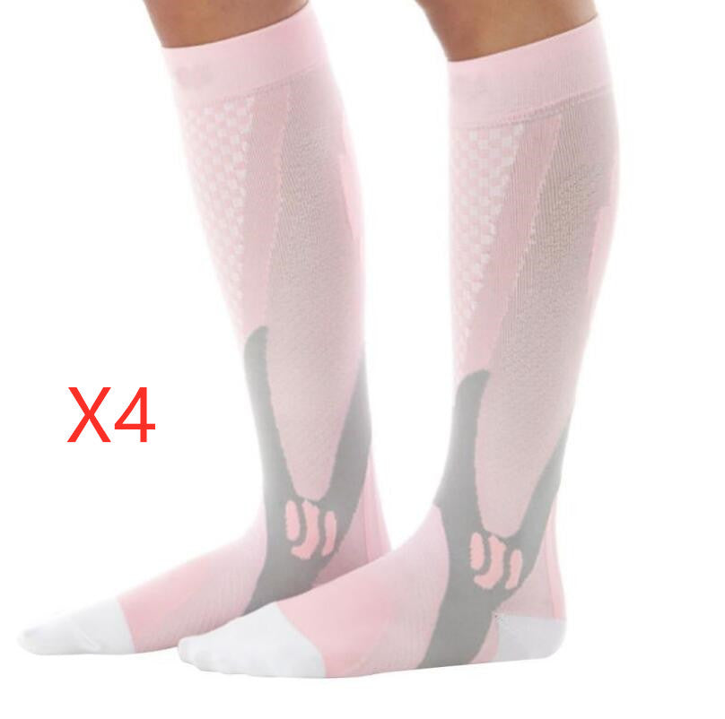 Unisex compression socks made from polyester, nylon, and cotton, designed for improved circulation, reduced swelling, and all-day comfort. Available in multiple sizes for men and women