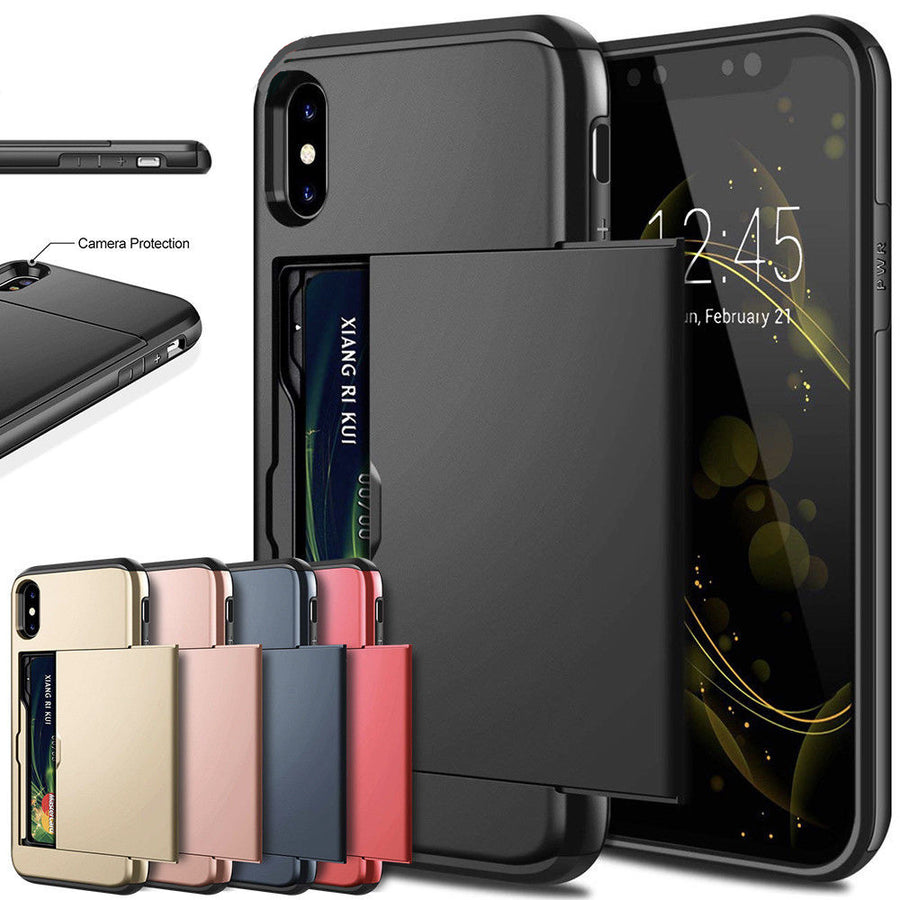 Dual layer hybrid defender armor case with card holder for Android phones. Made from durable TPU and PC materials, the case offers shock protection and has a built-in card pocket to store 2-3 cards or cash for added convenience