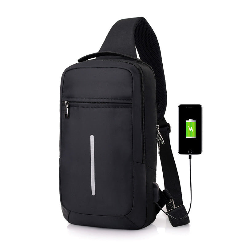 Anti-theft crossbody sling bag made from durable polyester, featuring a USB charging port, computer pocket, and soft surface. Ideal for secure storage and on-the-go charging, with a stylish, casual design and car suture detail.