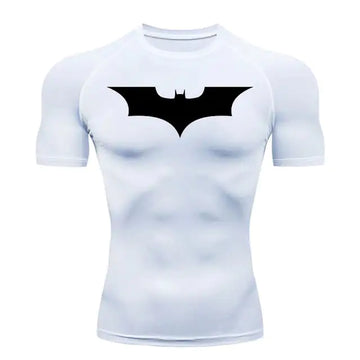  A front view of the stylish Batman compression tee showcasing the iconic Batman emblem in a gym setting.