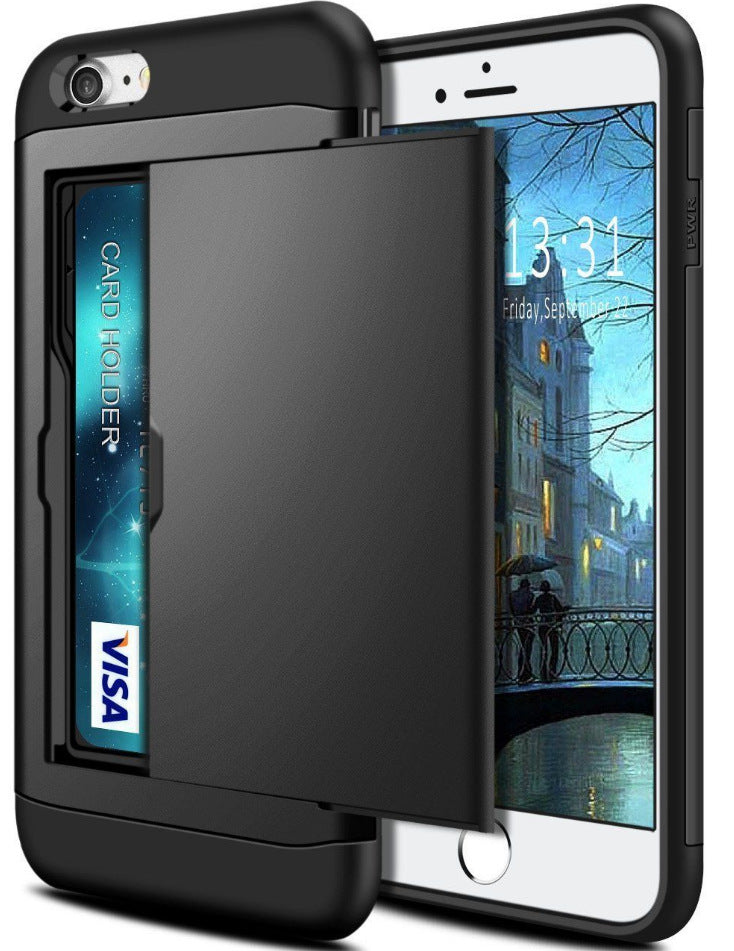 Dual layer hybrid defender armor case with card holder for Android phones. Made from durable TPU and PC materials, the case offers shock protection and has a built-in card pocket to store 2-3 cards or cash for added convenience