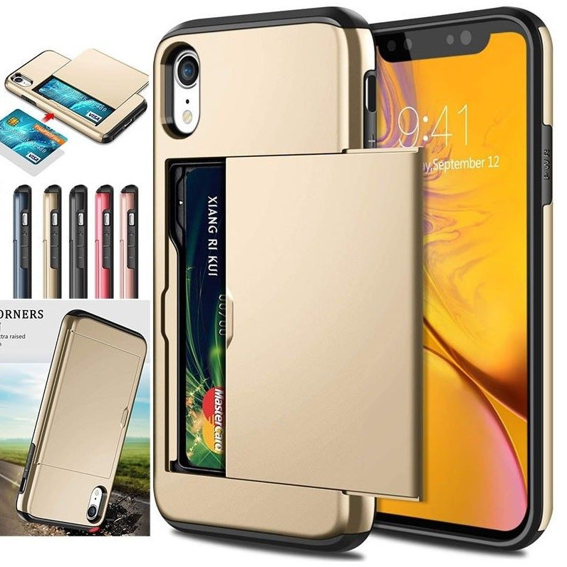 Dual layer hybrid defender armor case with card holder for Android phones. Made from durable TPU and PC materials, the case offers shock protection and has a built-in card pocket to store 2-3 cards or cash for added convenience