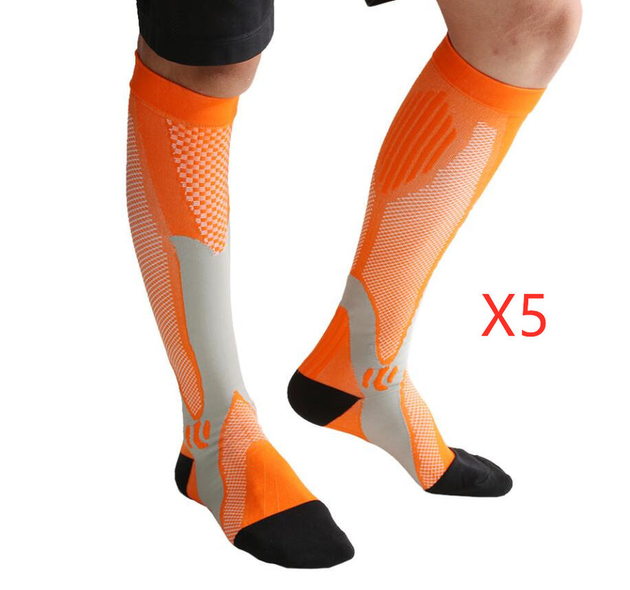 Unisex compression socks made from polyester, nylon, and cotton, designed for improved circulation, reduced swelling, and all-day comfort. Available in multiple sizes for men and women