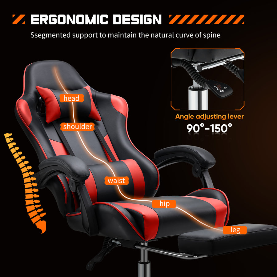 Adjustable ergonomic gaming chair with footrest, stainless steel frame, and plush leather upholstery.
