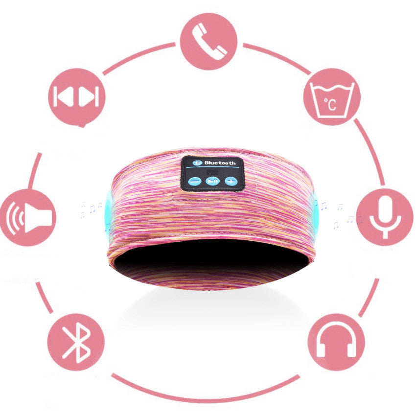 A pink Bluetooth music headband designed as a wireless eye mask, featuring hands-free calling, voice control, and stereo sound. Ideal for running, relaxing, or sleeping, offering a comfortable, head-mounted fit with Bluetooth 5.0 connectivity.




