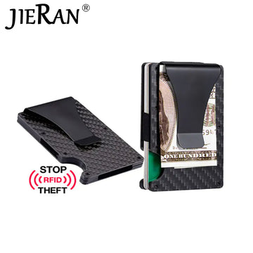 A sleek carbon fiber card holder designed for men, offering a slim, minimalist design with RFID-blocking technology for secure everyday carry