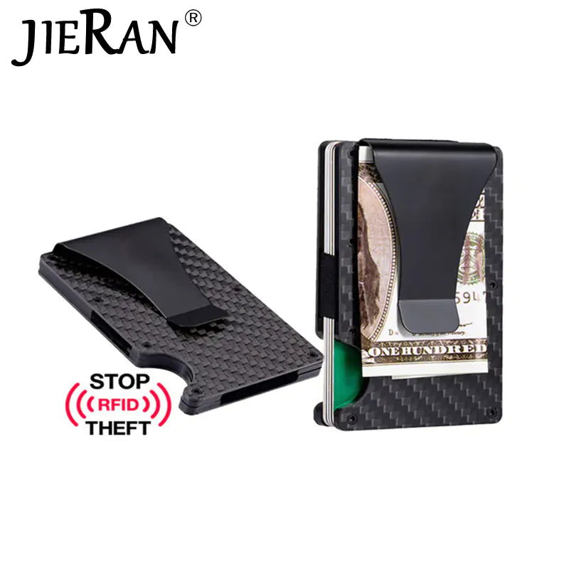 A sleek carbon fiber card holder designed for men, offering a slim, minimalist design with RFID-blocking technology for secure everyday carry