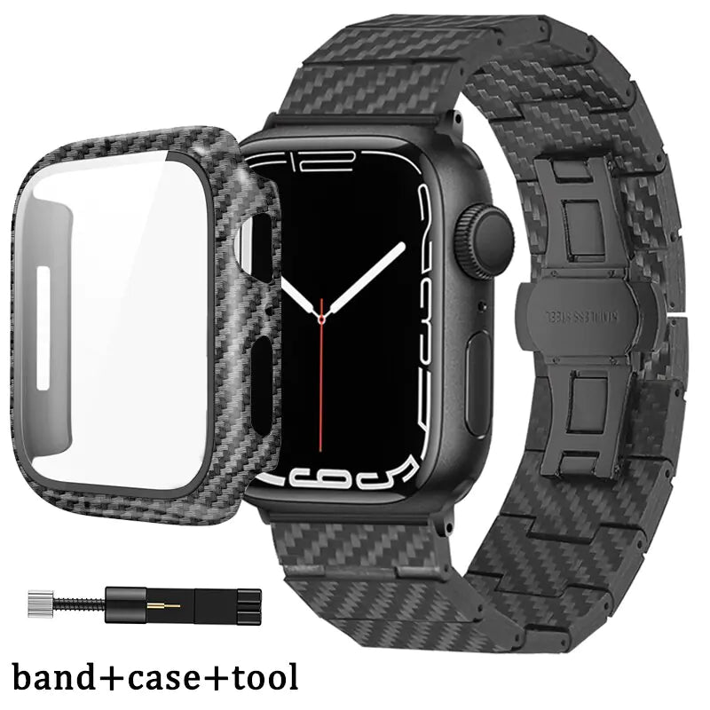 A sleek and durable carbon fiber watch band designed for Apple Watches, providing both style and function. Ideal for tech enthusiasts and luxury watch lovers.