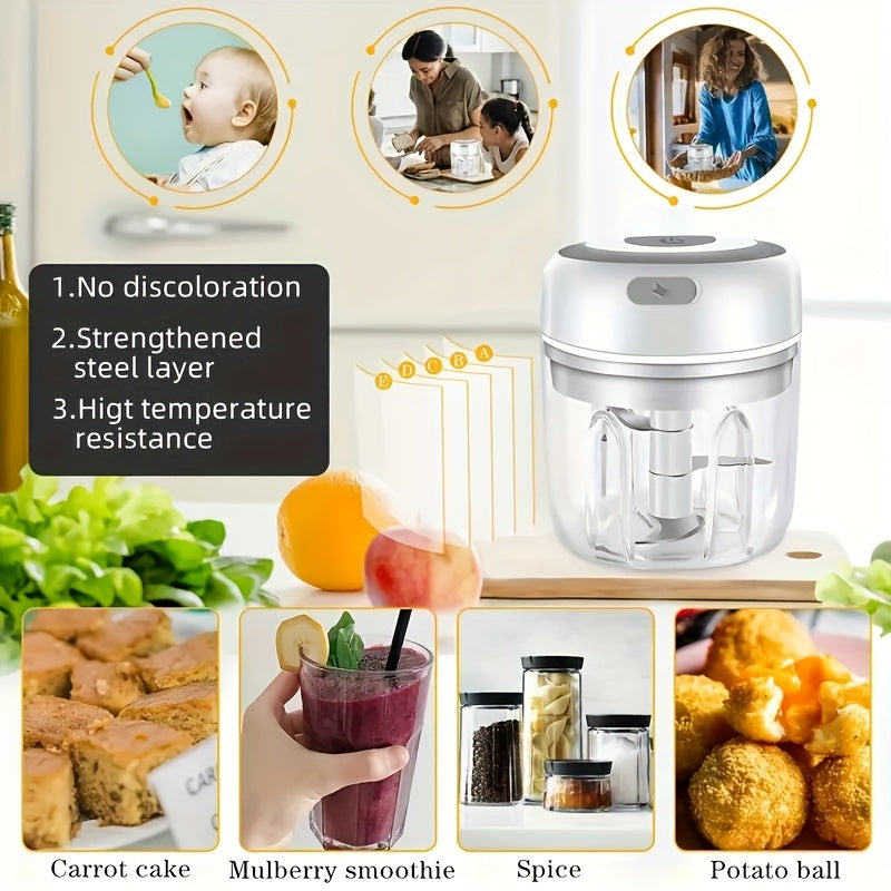 Compact wireless electric food chopper and garlic crusher, USB-powered for convenience, designed for effortless and efficient food prep, perfect for crushing garlic, vegetables, and more with ease.