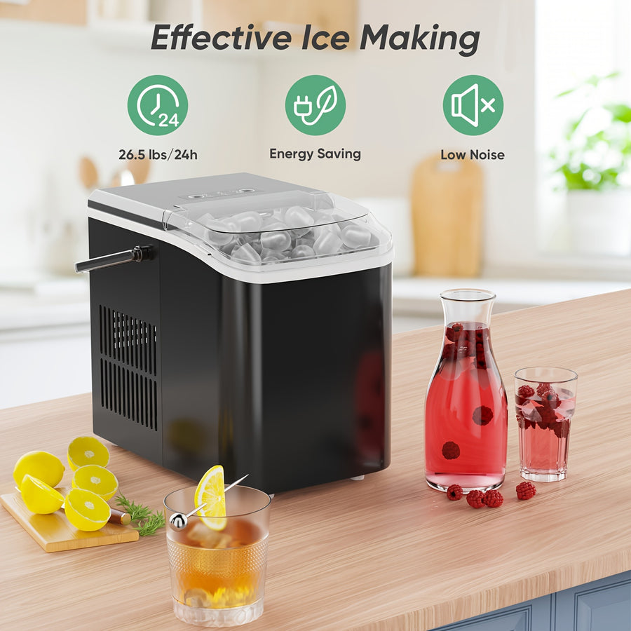 Compact countertop ice maker with a sleek design, delivering nugget ice in just 6 minutes.