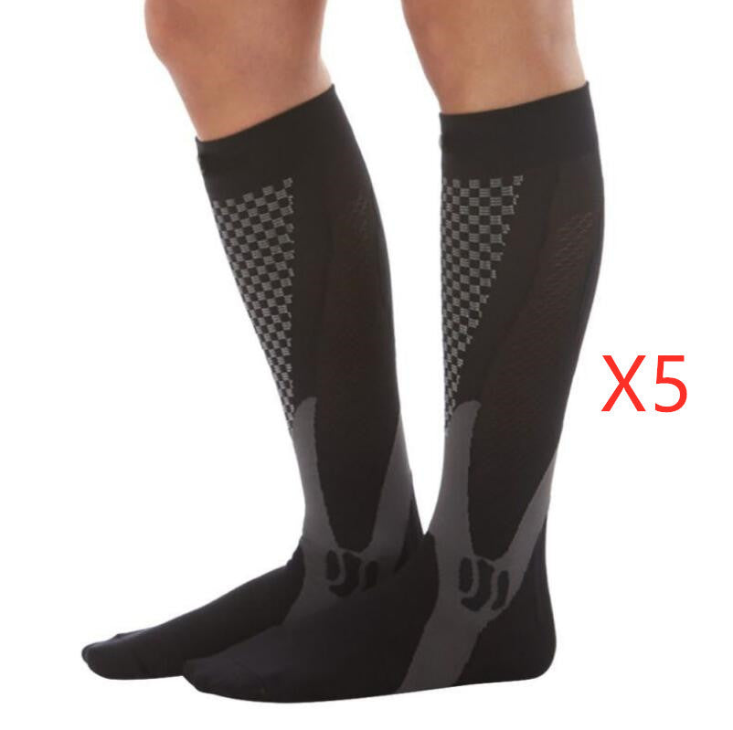 Unisex compression socks made from polyester, nylon, and cotton, designed for improved circulation, reduced swelling, and all-day comfort. Available in multiple sizes for men and women