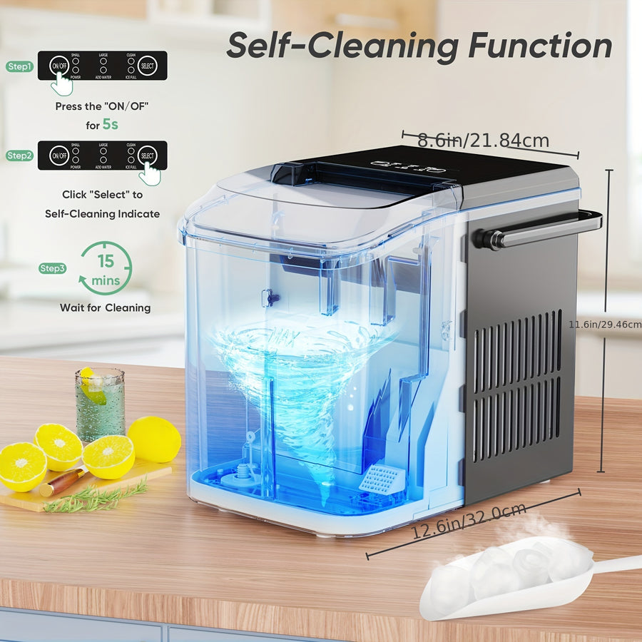 Countertop ice maker with a space-saving design and fast ice production, perfect for home and travel use.