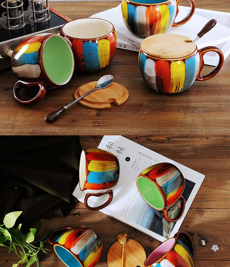 Creative ceramic cup, milk cup, water cup, coffee cup, breakfast cup, couple cup, mug with lid and spoon, ideal for daily use and stylish drinkware.