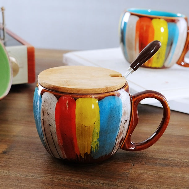 Creative ceramic cup, milk cup, water cup, coffee cup, breakfast cup, couple cup, mug with lid and spoon, ideal for daily use and stylish drinkware.