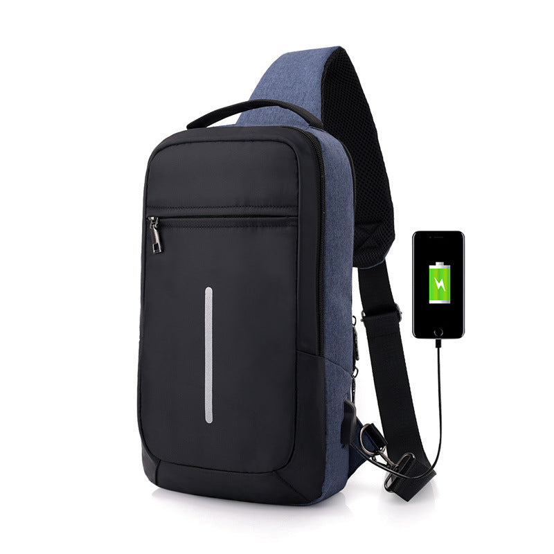 Anti-theft crossbody sling bag made from durable polyester, featuring a USB charging port, computer pocket, and soft surface. Ideal for secure storage and on-the-go charging, with a stylish, casual design and car suture detail.