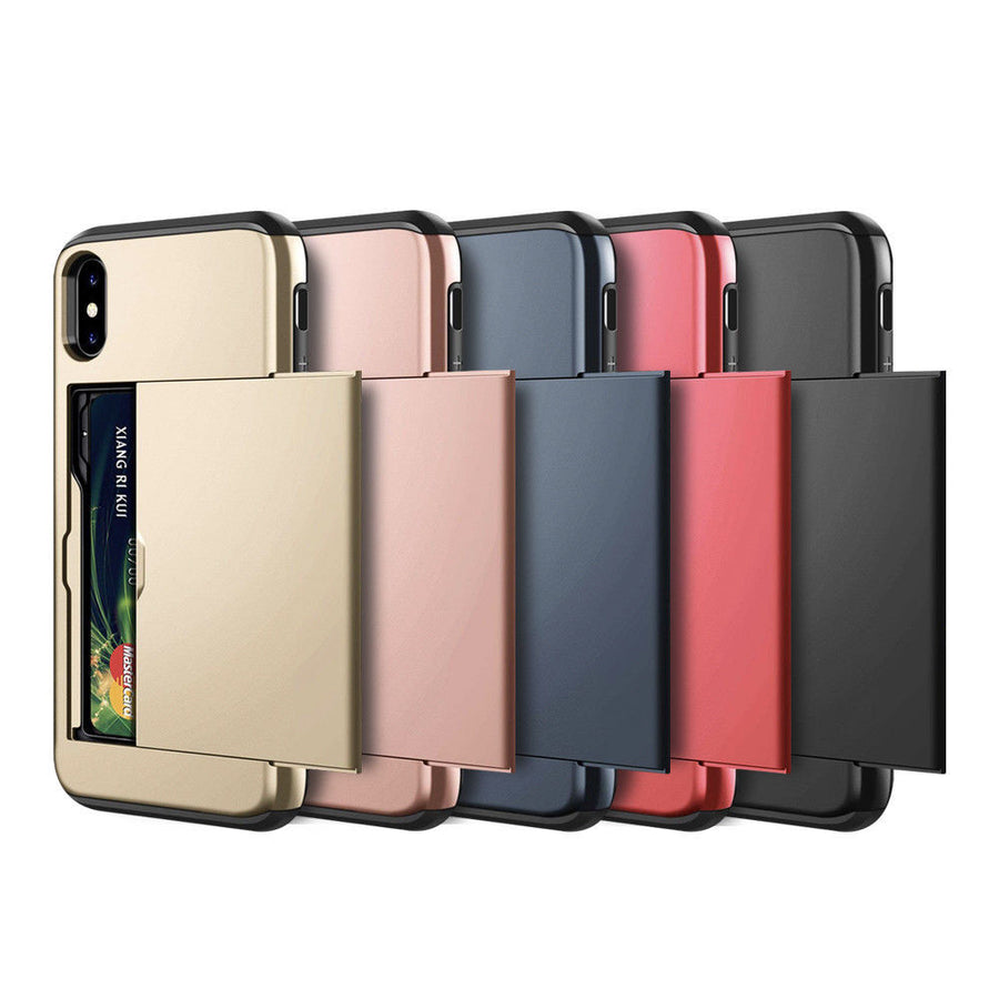 Dual layer hybrid defender armor case with card holder for Android phones. Made from durable TPU and PC materials, the case offers shock protection and has a built-in card pocket to store 2-3 cards or cash for added convenience