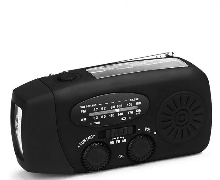 Solar hand crank radio with USB charging port, red in color. Features include a Midland Weather Alert Radio, hand crank radio flashlight, and solar charging capabilities, designed for emergency preparedness and outdoor use.