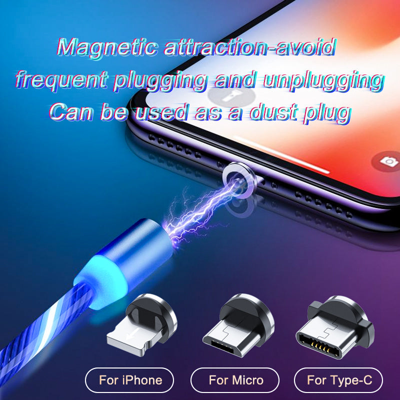 Magnetic charging cable streamer with LED lights, designed for Android and Type-C devices. Features magnetic absorption cable for easy connection and quick charging, with durable nylon braided material and vibrant color options like blue, red, and green
