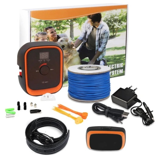 Electric dog fence system with a 200-meter range, providing an invisible boundary to safely contain your pet. Wireless setup for easy installation and reliable pet safety