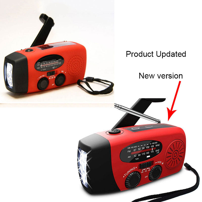 Solar hand crank radio with USB charging port, red in color. Features include a Midland Weather Alert Radio, hand crank radio flashlight, and solar charging capabilities, designed for emergency preparedness and outdoor use.
