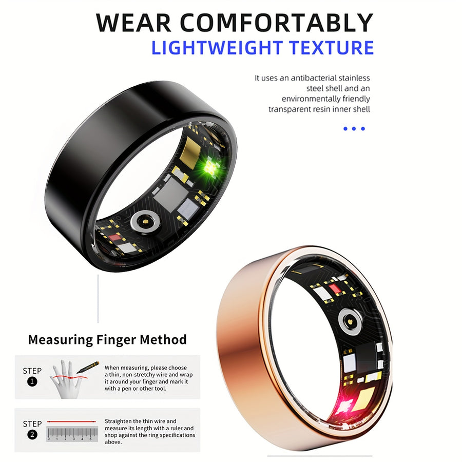 Smart ring fitness tracker with sleek design, IP68 waterproof rating, and wireless connectivity. Tracks steps, calories, distance, sleep, and more, compatible with iPhone and Android devices