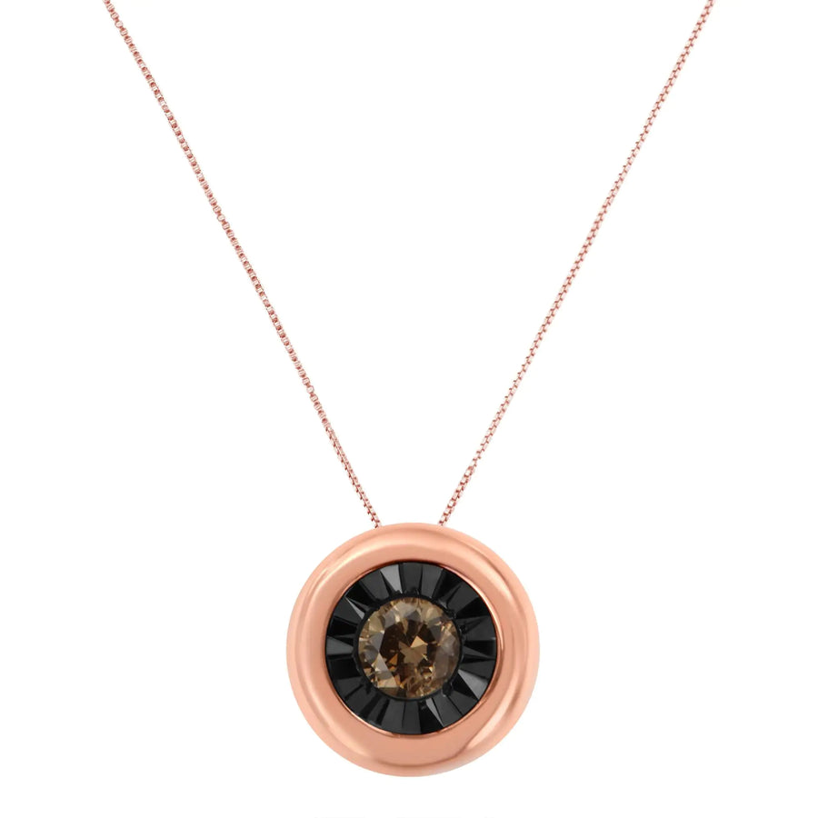 Black Rhodium over 10K Rose Gold 1/10 Carat Diamond Two Tone Round Miracle-Plate Solitaire 18” Pendant Necklace (Champagne Color, I2-I3 Clarity)