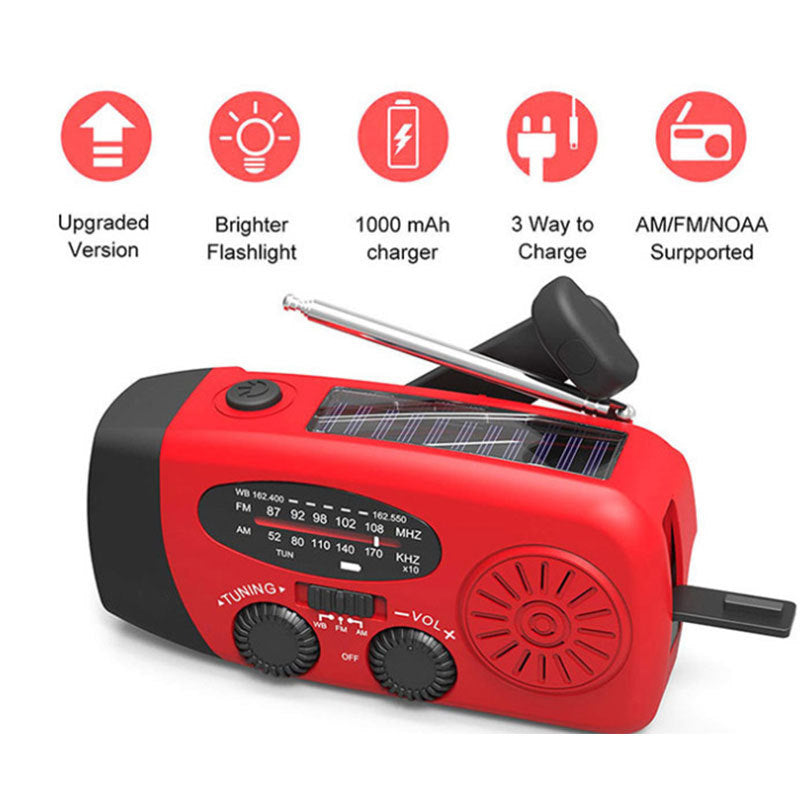 Solar hand crank radio with USB charging port, red in color. Features include a Midland Weather Alert Radio, hand crank radio flashlight, and solar charging capabilities, designed for emergency preparedness and outdoor use.