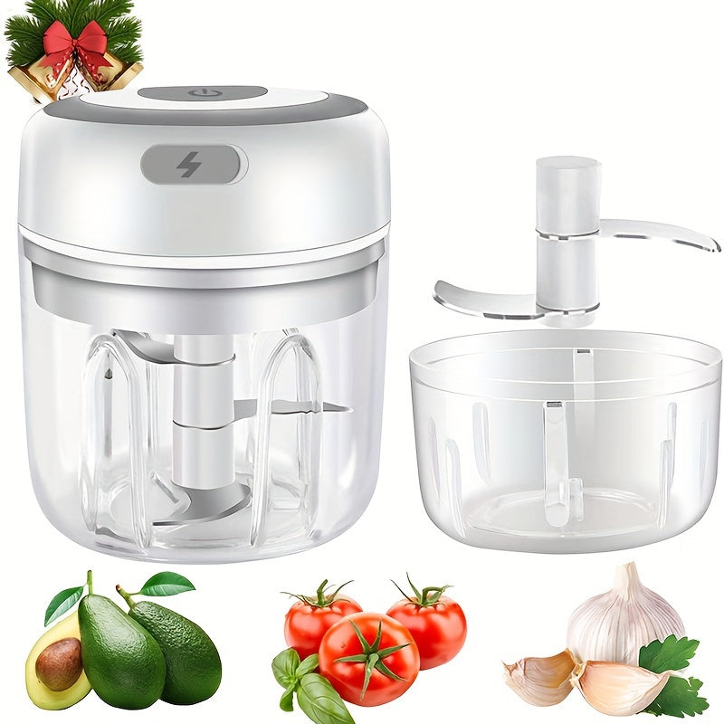 Compact wireless electric food chopper and garlic crusher, USB-powered for convenience, designed for effortless and efficient food prep, perfect for crushing garlic, vegetables, and more with ease.