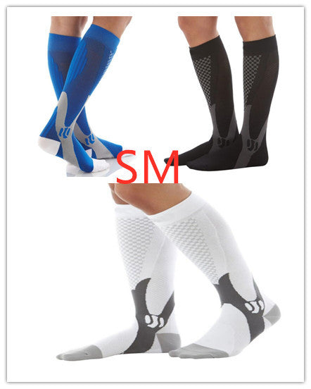 Unisex compression socks made from polyester, nylon, and cotton, designed for improved circulation, reduced swelling, and all-day comfort. Available in multiple sizes for men and women