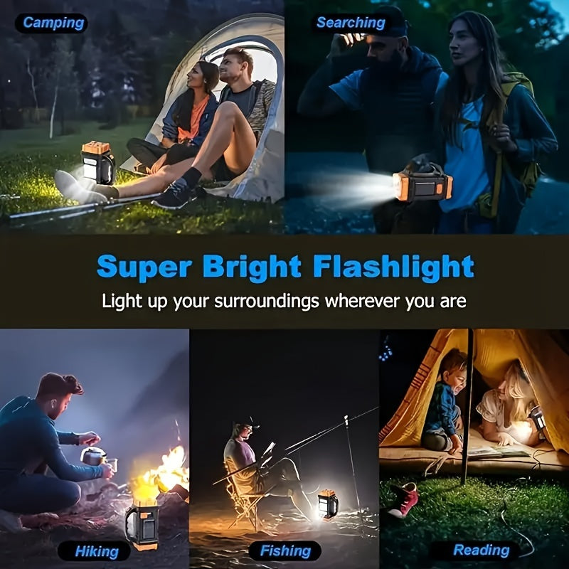 This solar powered camping light with a power bank function is perfect for outdoor adventures. A rechargeable solar camping light that keeps your devices charged and lights up your campsite. With water-resistant and portable solar lights, it's ideal for hiking, camping, and any outdoor activity. The built-in power bank ensures your gear stays charged, while the bright, durable design makes it a must-have for any adventure