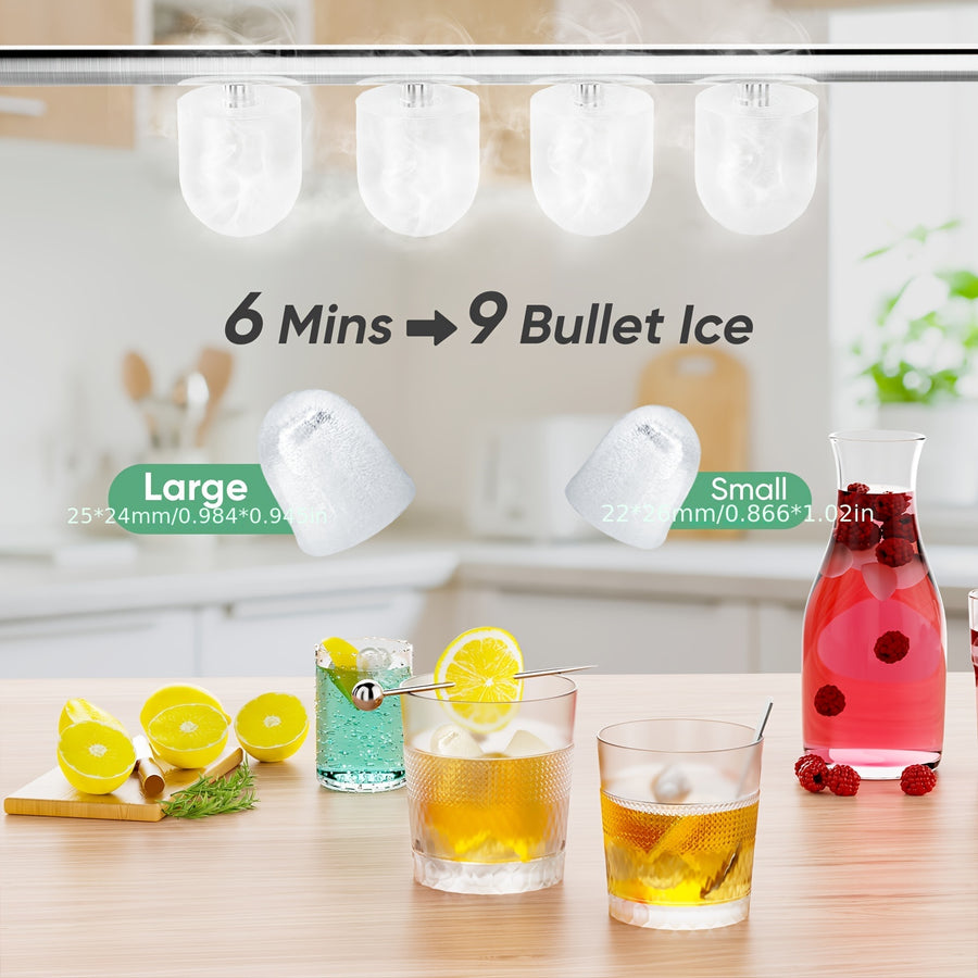 High-capacity nugget ice maker producing 26.5lbs per day, offering consistent and efficient cooling for drinks and events.