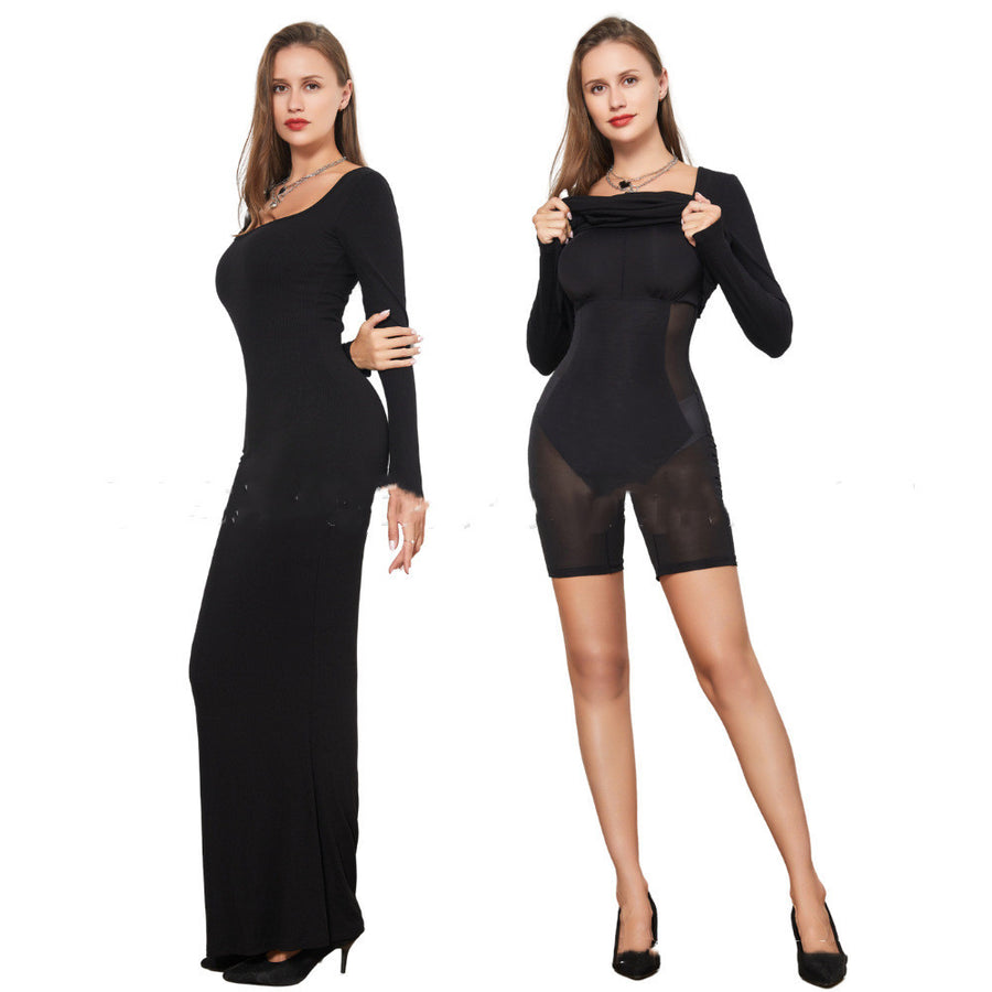 Two-in-one long sleeve narrow dress with double-layer belly lining, providing waist support, shaping, and hip lifting for a flattering fit.
