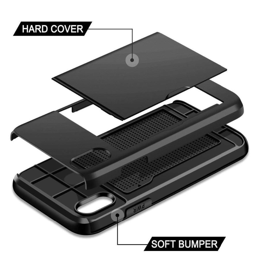 Dual layer hybrid defender armor case with card holder for Android phones. Made from durable TPU and PC materials, the case offers shock protection and has a built-in card pocket to store 2-3 cards or cash for added convenience