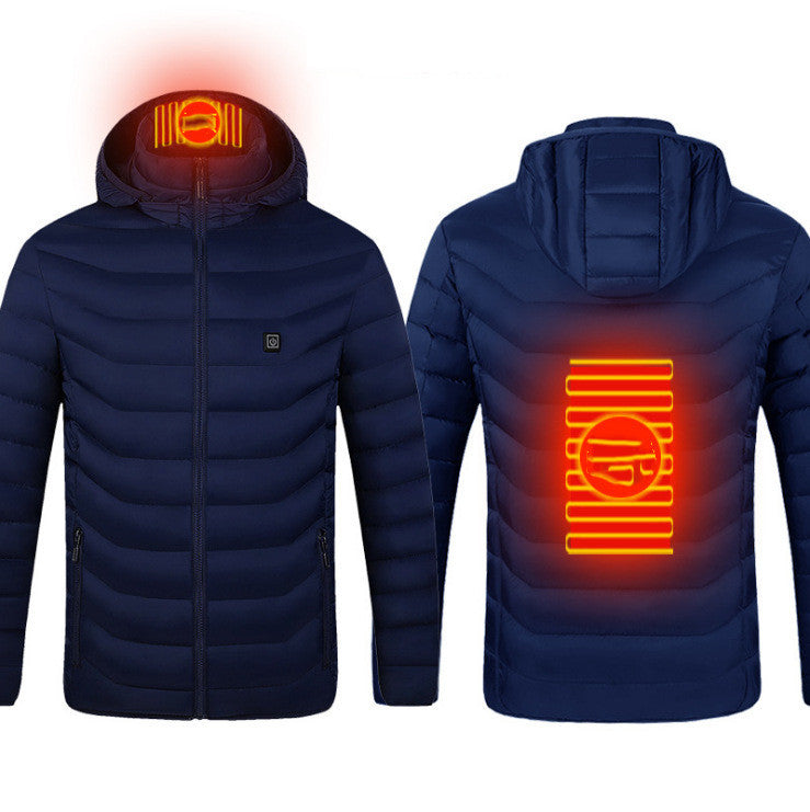 Men's USB heated jacket with removable hood, carbon fiber heating elements, and adjustable temperature control for ultimate warmth. Lightweight and windproof design, perfect for outdoor activities and cold weather. Features a detachable hood and convenient storage bag for easy travel