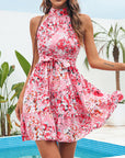 New Flowers Print Halterneck Dress Summer Fashion Temperament Lace-up Ruffled Dresses For Women