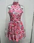 New Flowers Print Halterneck Dress Summer Fashion Temperament Lace-up Ruffled Dresses For Women