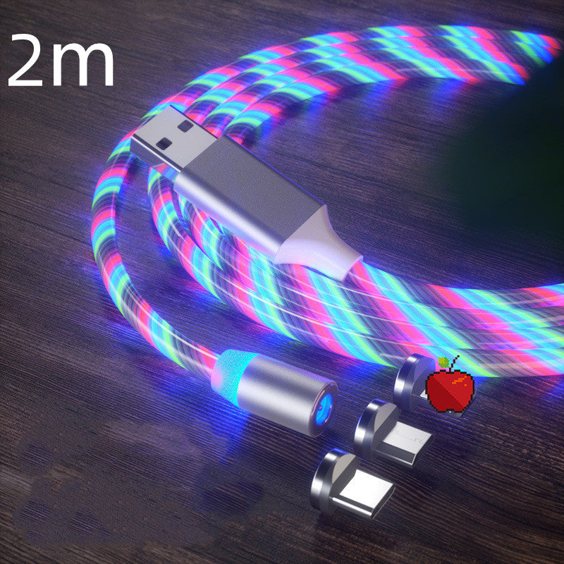 Magnetic charging cable streamer with LED lights, designed for Android and Type-C devices. Features magnetic absorption cable for easy connection and quick charging, with durable nylon braided material and vibrant color options like blue, red, and green
