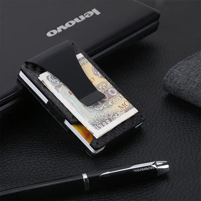 Lightweight and durable wallet made from premium carbon fiber, ideal for travel and business use, featuring stylish aesthetics and compact storage